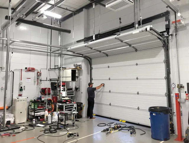 Pineville Garage Door Repair certified technician performing commercial door repair at a Pineville business facility