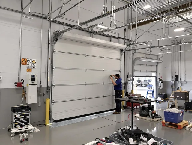 Commercial garage door repair being performed by Pineville Garage Door Repair expert in Pineville