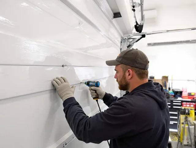 Pineville Garage Door Repair technician demonstrating precision dent removal techniques on a Pineville garage door