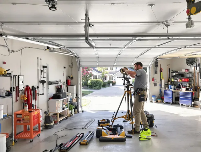 Pineville Garage Door Repair specialist performing laser-guided track alignment in Pineville